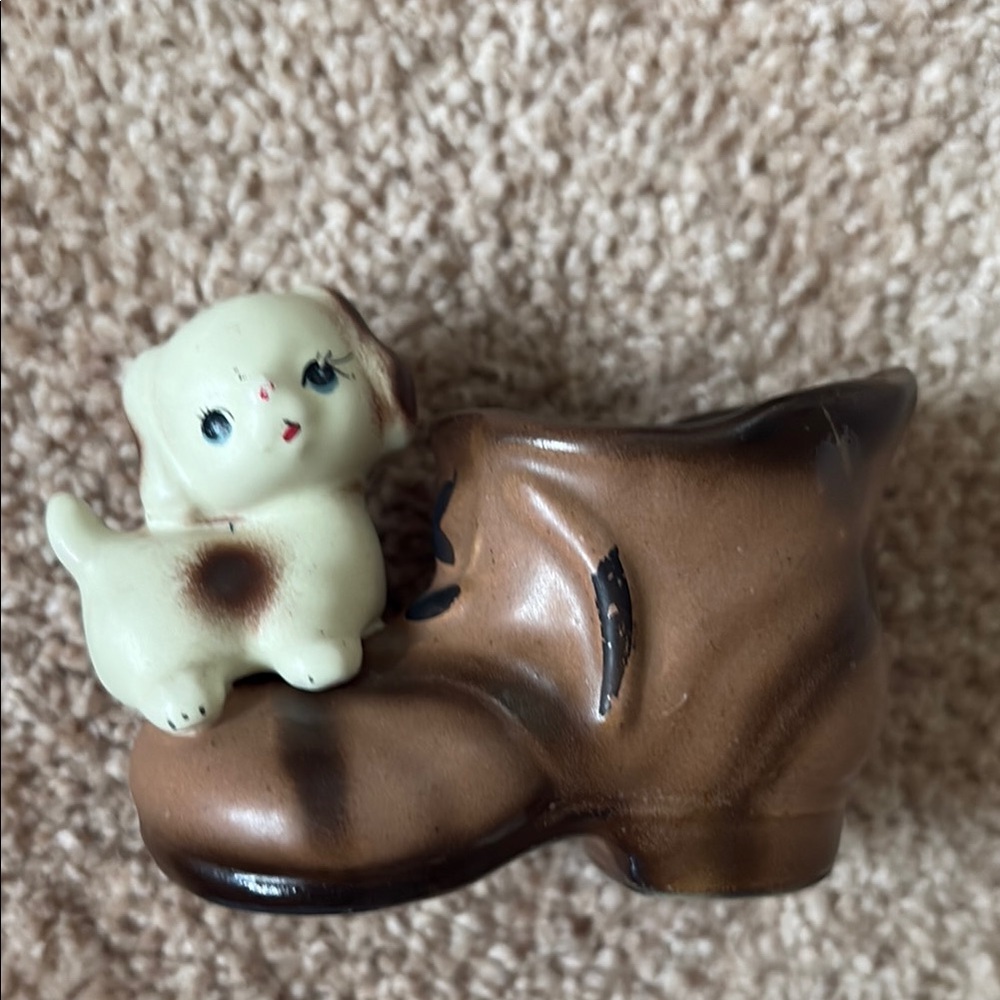 Vintage Ceramic Puppy and Boot Figurine